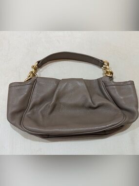 Taupe Leather Shoulder Bag with Gold Chain Accent